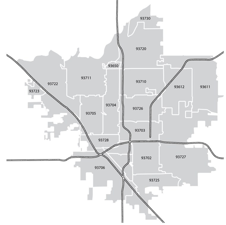 Fresno/Clovis distribution area map by ZIP code
